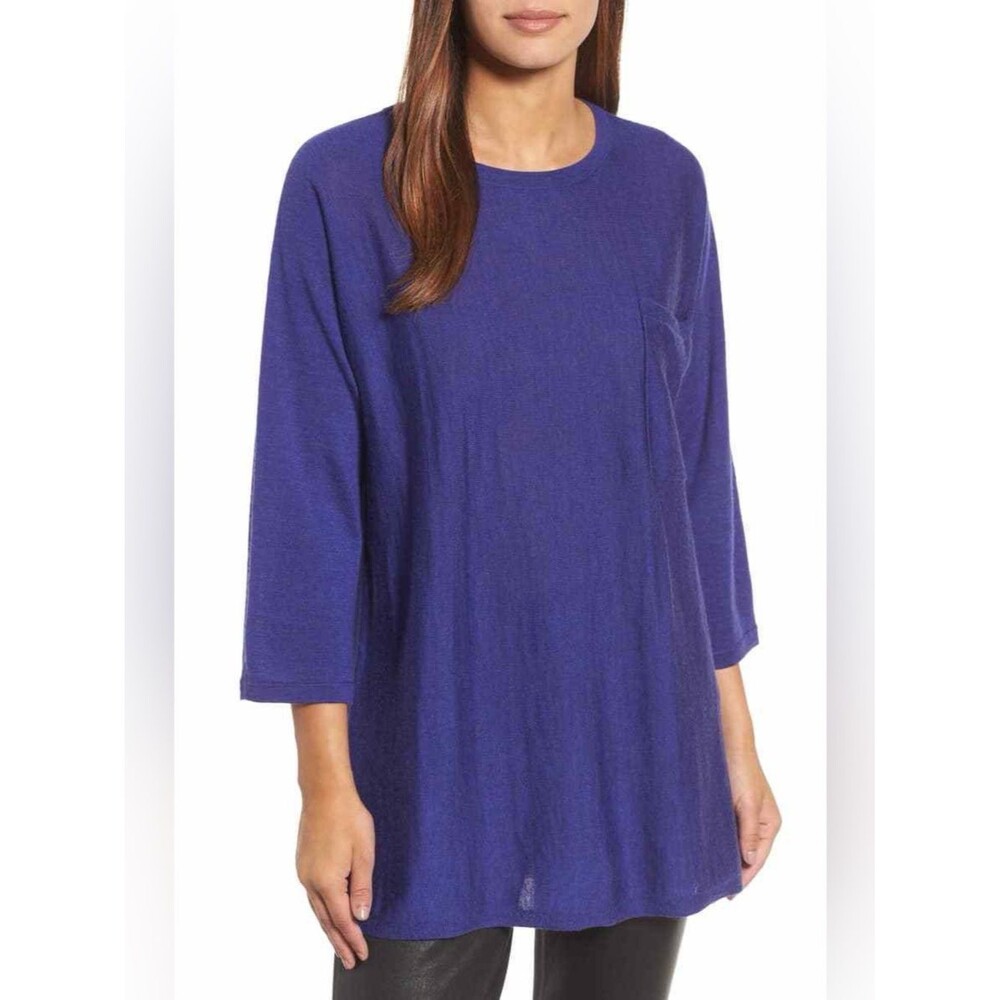 Eileen Fisher Lightweight Merino Wool Short Sleeve Blouse Blue Purple Sz 2X
